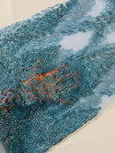 Fancy Rhinestone Glitter Fabric - Baby Blue - Embroidered Damask Design Glitter Mesh Fabric by Yard