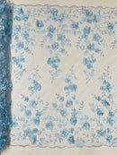 Floral 3D Pearl Fabric - Baby Blue - Embroidered Double Border Flower Design Pearl Fabric By Yard