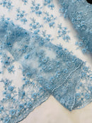 3D Floral Fabric - Baby Blue - Embroidered Flower with Rhinestone and Sequins Fabric Sold By Yard