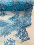 Flower Lace Sequins Fabric - Baby Blue - Embroidered Floral Pattern Fabric with Sequins on Lace By Yard
