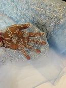 Floral Plant Bead Design - Baby Blue - Beaded Flower Plants Embroidered  Sequins Fabric By Yard