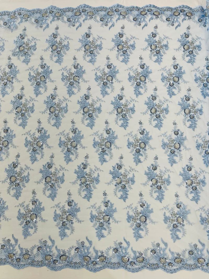 Beaded Sequins Floral Fabric - Baby Blue - Embroidered Beaded Floral Clusters Sequins Fabric By Yard