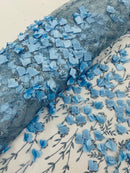 3D Glitter Floral Fabric - Baby Blue - Floral Line Glitter Designs on Mesh Fabric Sold By Yard