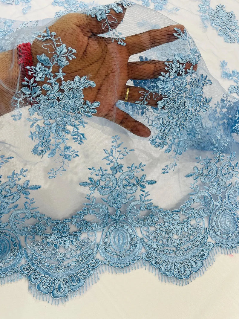 Damask Flower Lace Fabric - Baby Blue - Damask Flowers Embroidered on Lace Fabric By Yard