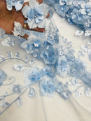 3D Orquidia Floral Lace - Baby Blue - Beautiful Orchid Flower Fabric on Mesh by Yard