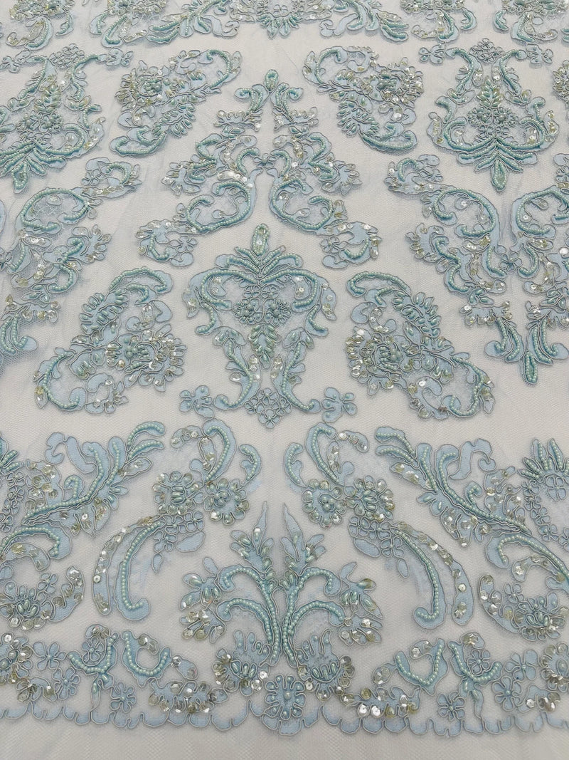 My Lady Beaded Fabric - Baby Blue - Damask Beaded Sequins Embroidered Fabric By Yard