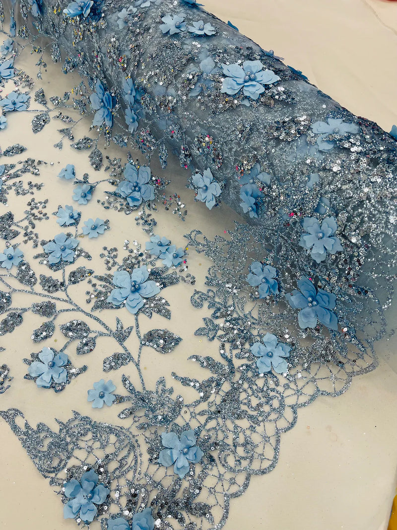 3D Glitter Floral Fabric - Baby Blue - Glitter Sequin Flower Design on Lace Mesh Fabric by Yard