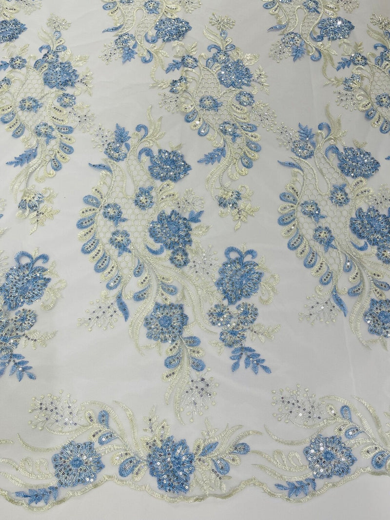 Two Tone Lace Floral Fabric - Baby Blue - Flower and Fish Designs Corded on Sequins Lace By Yard