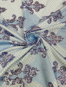 King Damask Lace Fabric - Baby Blue - Corded Embroidery with Sequins on Mesh Lace Fabric By Yard