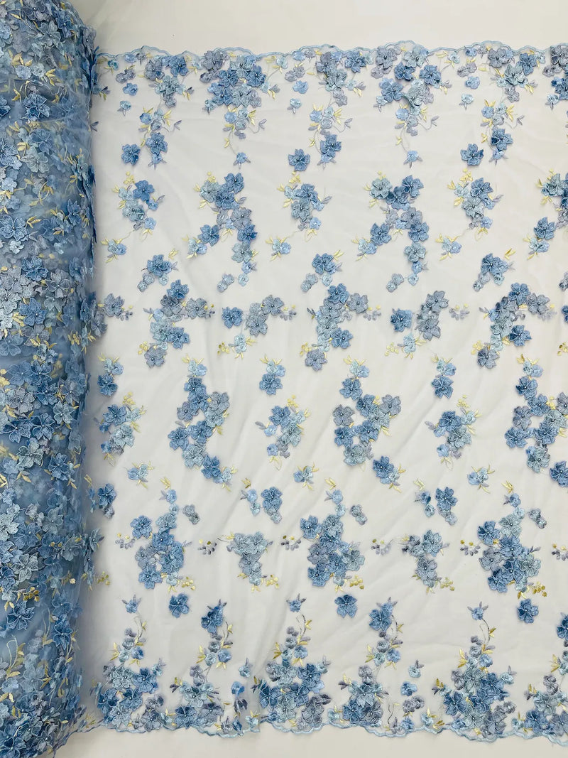 3D Multi-Color Flower Lace - Baby Blue - Flower Leaf 3D Multi-Tone Fabrics Sold By Yard
