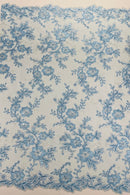 Floral Two Tone Lace Fabric - Baby Blue - Sequins Embroidery Floral Lace Fabric Sold By Yard