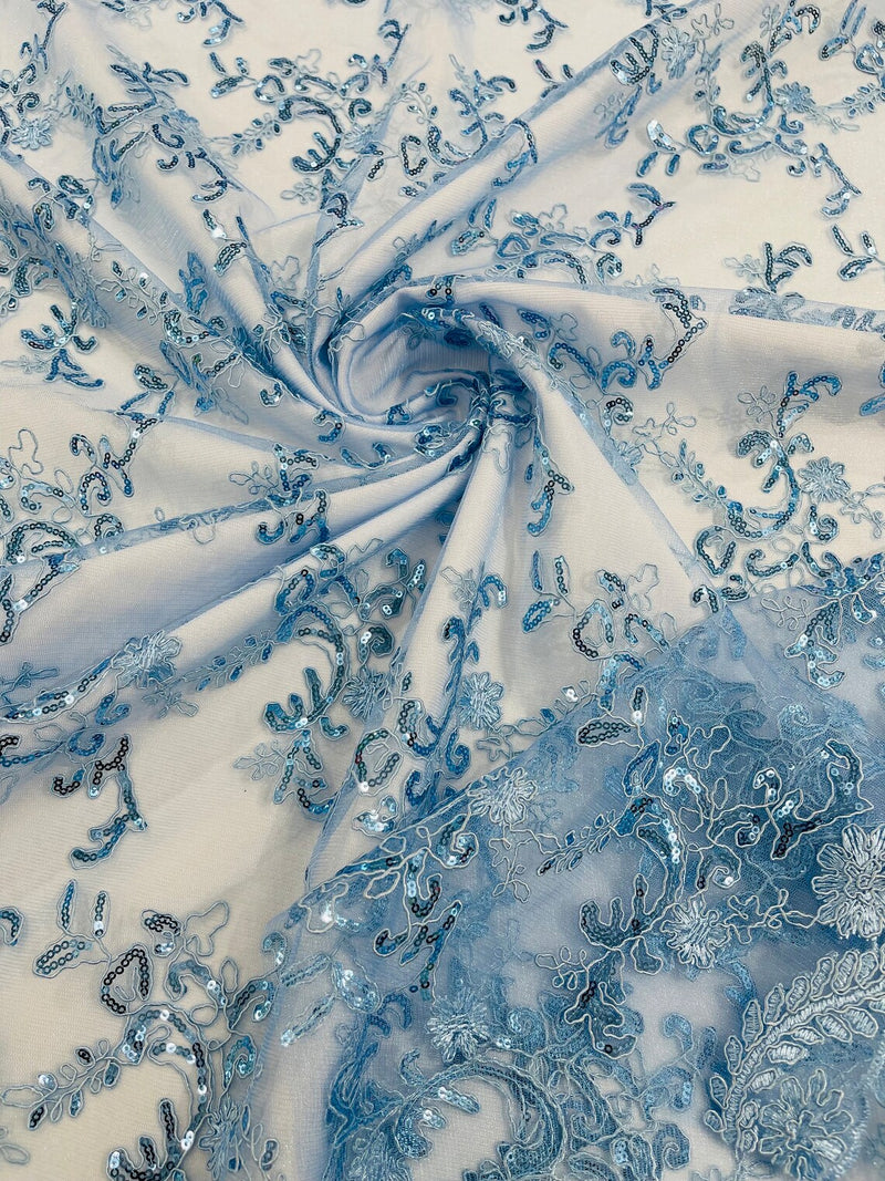 Sequin Lace Floral Fabric - Baby Blue - Flower Embroidered Sequins Lace Fabric Sold By Yard