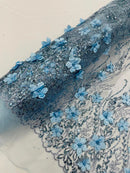 Flower 3D Glitter Fabric - Baby Blue - Embroidered Floral Sequins Design Fabric by Yard