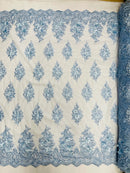 3D Floral Fabric with Pearls - Baby Blue - Embroidered Flower and Leaf Patterns on Lace Fabric by Yard