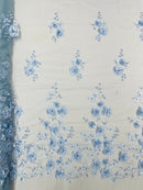 Floral 3D Pearl Fabric - Baby Blue - Embroidered Single Border Flower Design Pearl Fabric By Yard