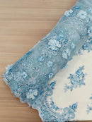 3D Floral Sequins Design - Baby Blue - Embroidered Floral Lace Fabric With Sequins / Pearls By Yard
