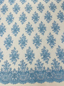 Isabela Design - Baby Blue - Embroidery Beaded Fabric With Sequin on a Mesh Fabric by the yard