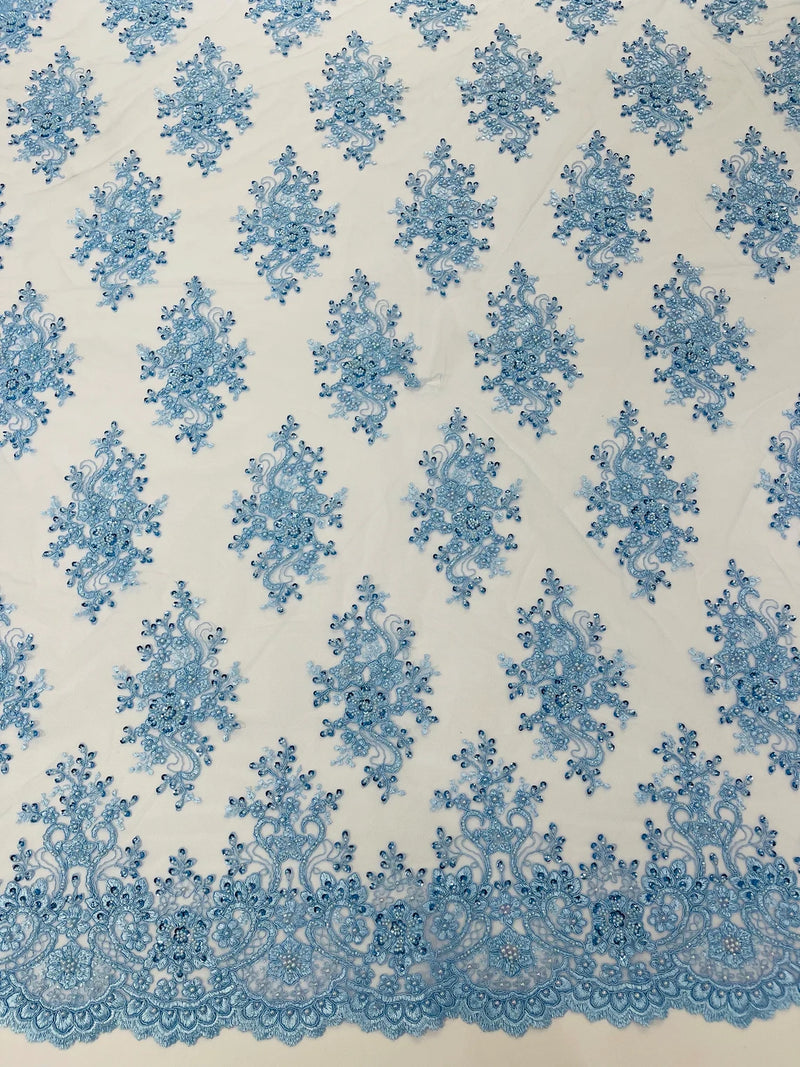 Isabela Design - Baby Blue - Embroidery Beaded Fabric With Sequin on a Mesh Fabric by the yard