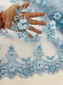 3D Floral Sequins Design - Baby Blue - Embroidered Floral Lace Fabric With Sequins / Pearls By Yard