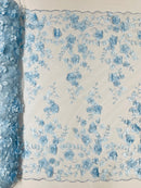 Floral 3D Pearl Fabric - Baby Blue - Embroidered Double Border Flower Design Pearl Fabric By Yard