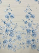 Floral 3D Pearl Fabric - Baby Blue - Embroidered Single Border Flower Design Pearl Fabric By Yard