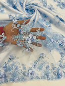 3D Flower Pearl Design - Baby Blue - Embroidered Sequins Floral Clusters Lace Fabric By Yard