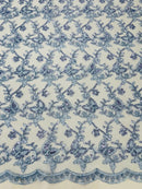 Metallic Floral Butterfly Fabric - Baby Blue - Embroidered Floral Butterfly Design Mesh Fabric by Yard