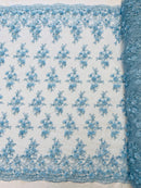 3D Floral Fabric - Baby Blue - Embroidered Flower with Rhinestone and Sequins Fabric Sold By Yard