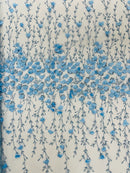 3D Glitter Floral Fabric - Baby Blue - Floral Line Glitter Designs on Mesh Fabric Sold By Yard