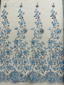 3D Glitter Floral Fabric - Baby Blue - Glitter Sequin Flower Design on Lace Mesh Fabric by Yard