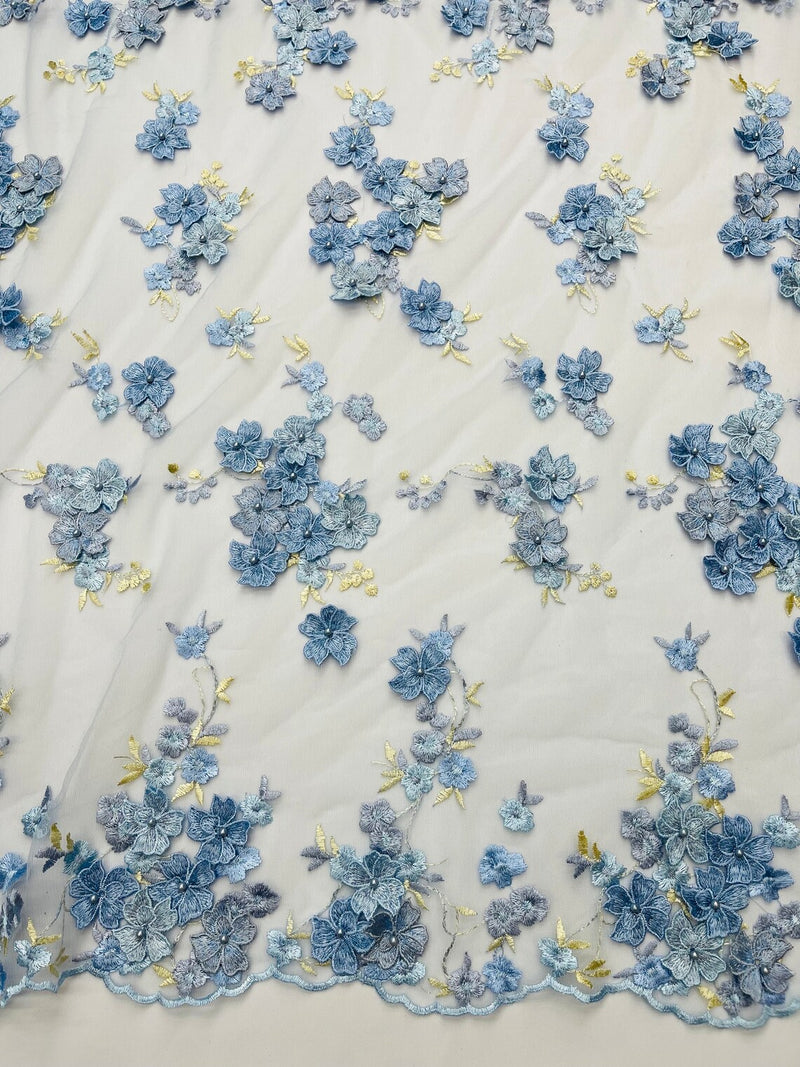 3D Multi-Color Flower Lace - Baby Blue - Flower Leaf 3D Multi-Tone Fabrics Sold By Yard