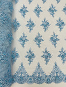 Floral Damask Bead Fabric - Baby Blue - Embroidered Floral Clusters with Beads / Sequins by Yard