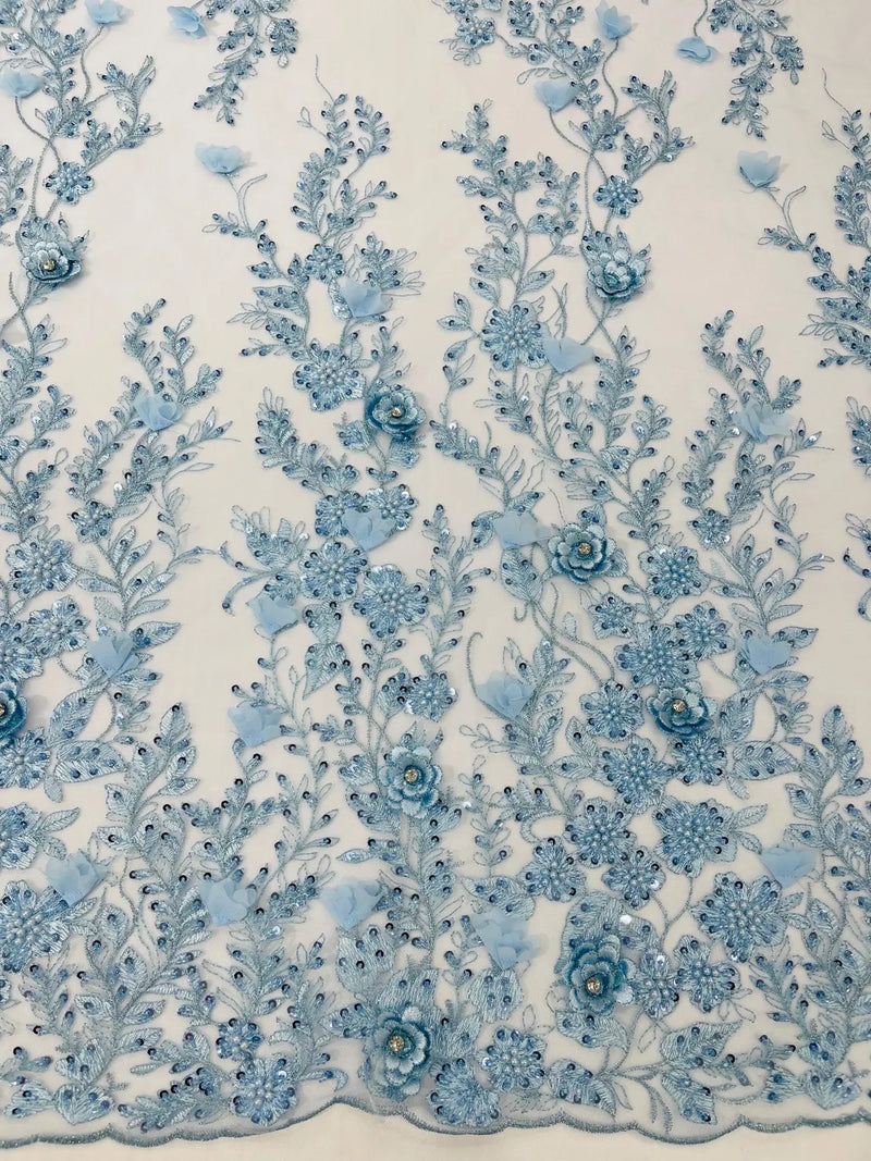 3D Rhinestone Flower Design - Baby Blue - Flower Sequins  Embroidered Lace Fabric By Yard