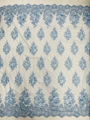 3D Floral Fabric with Pearls - Baby Blue - Embroidered Flower and Leaf Patterns on Lace Fabric by Yard