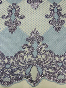 King Damask Lace Fabric - Baby Blue - Corded Embroidery with Sequins on Mesh Lace Fabric By Yard