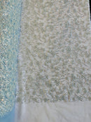 Floral Plant Bead Design - Baby Blue - Beaded Flower Plants Embroidered  Sequins Fabric By Yard