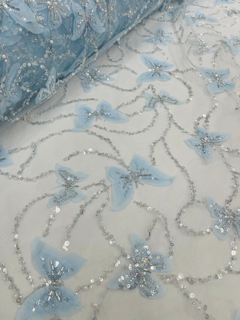 3D Butterfly Sequins Bead Fabric - Baby Blue -  Sequins Butterfly Embroidered Beaded Fabric By Yard