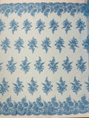 Flower Lace Sequins Fabric - Baby Blue - Embroidered Floral Pattern Fabric with Sequins on Lace By Yard