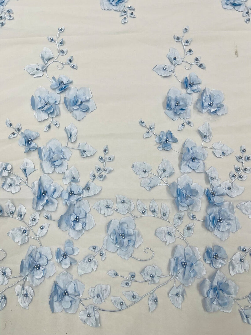 Floral 3D Pearl Fabric - Baby Blue - Embroidered Single Border Flower Design Pearl Fabric By Yard