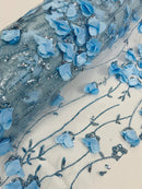3D Floral Glitter Fabric - Baby Blue - 3D Sequins and Glitter Floral Design on Mesh Sold By Yard