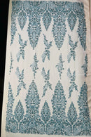 Fancy Rhinestone Glitter Fabric - Baby Blue - Embroidered Damask Design Glitter Mesh Fabric by Yard