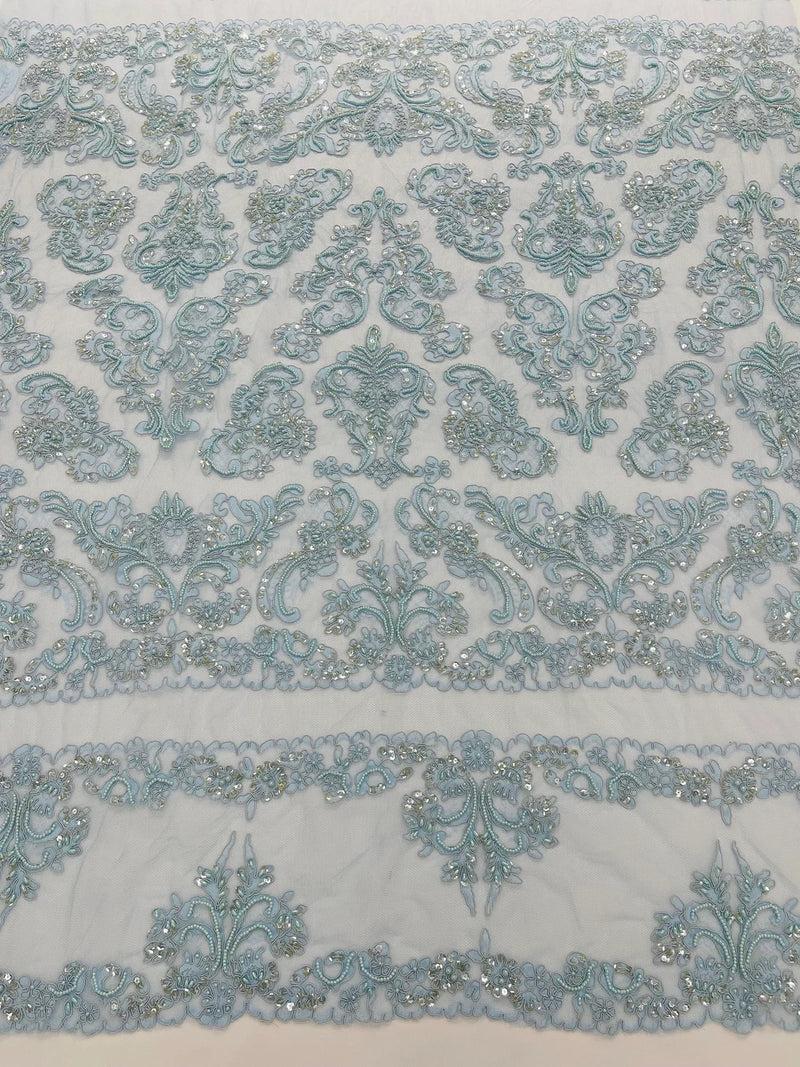 My Lady Beaded Fabric - Baby Blue - Damask Beaded Sequins Embroidered Fabric By Yard