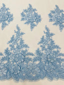 Flower 3D Corded Fabric - Baby Blue - Lace Mesh Fabric Embroidered Floral Design by Yard