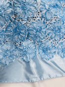 Sequins Satin Rosette Fabric - Baby Blue - 3D Satin Rose Sequins Floral Fabric Sold By The Yard