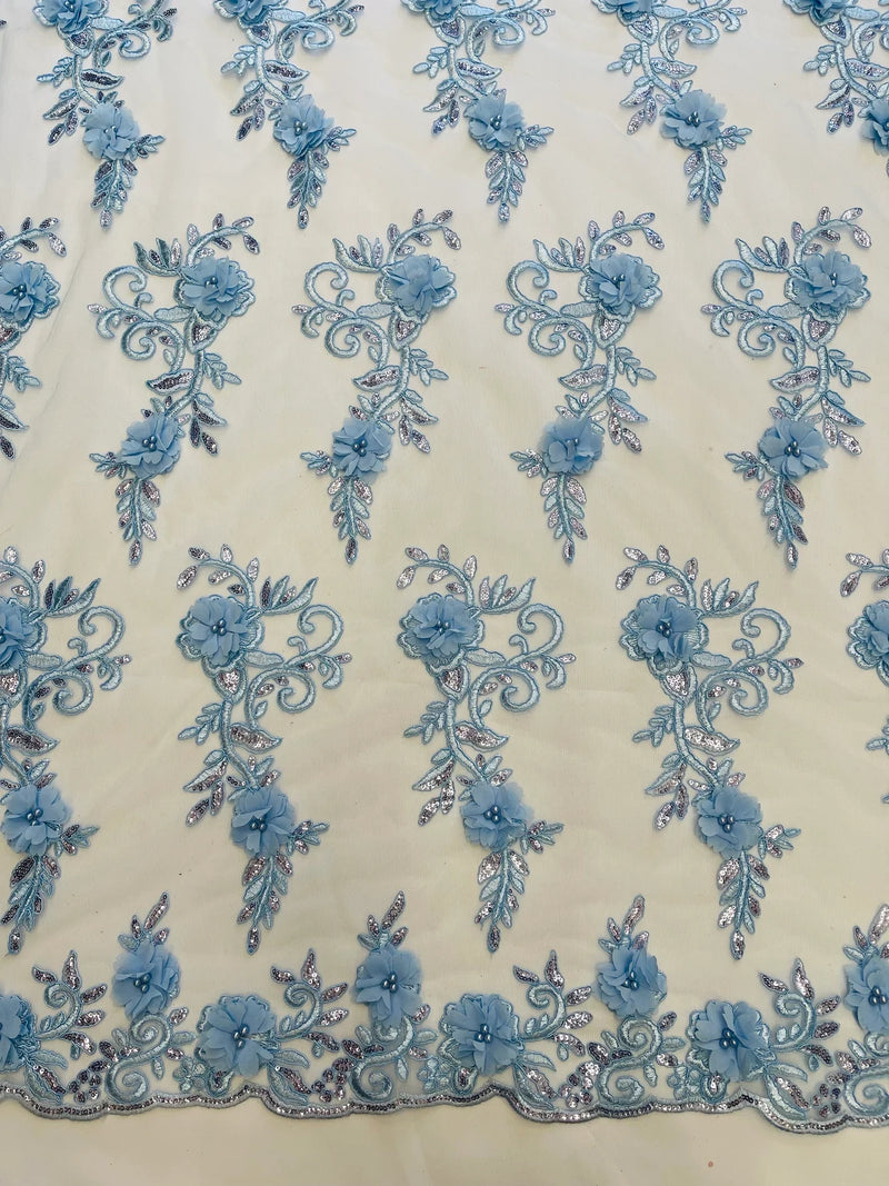 3D Floral Cluster with Border Lace - Baby Blue - Flower with Leaves Design 3D Fabrics Sold By Yard