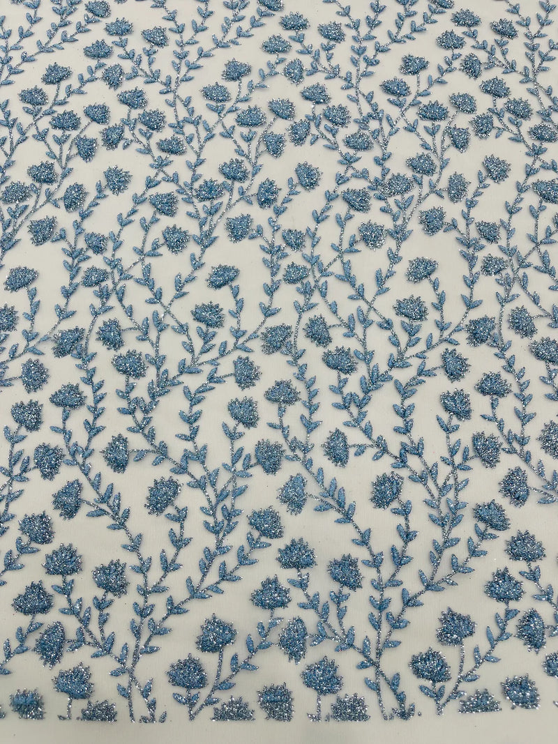 Small Glitter Flower Fabric - Baby Blue - Shimmer Glitter Flower Design on Mesh Lace By The Yard