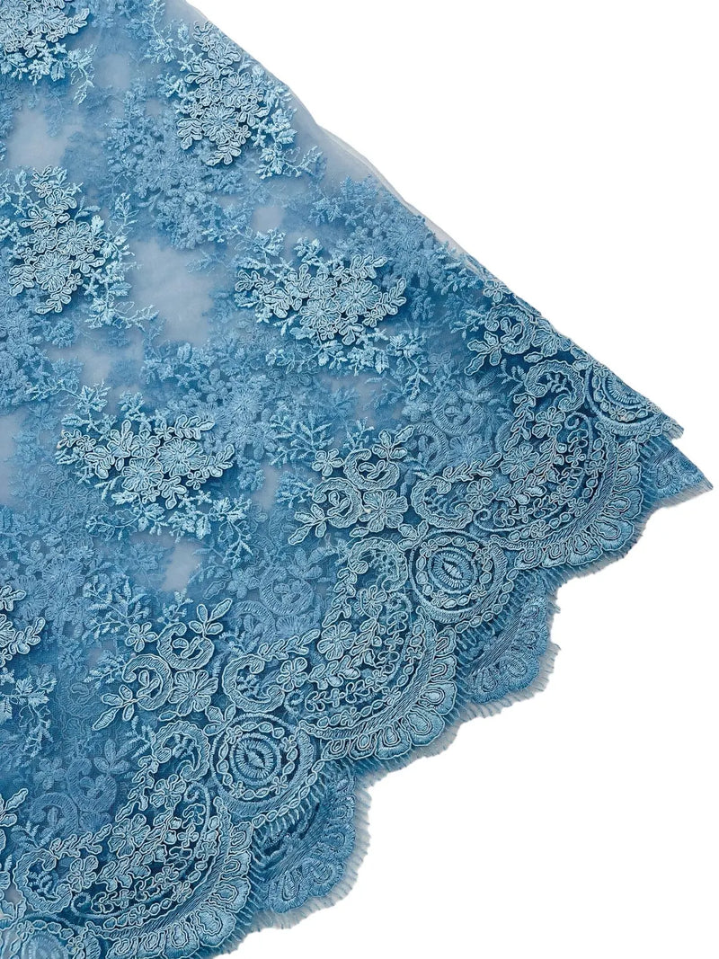 Damask Flower Lace Fabric - Baby Blue - Damask Flowers Embroidered on Lace Fabric By Yard