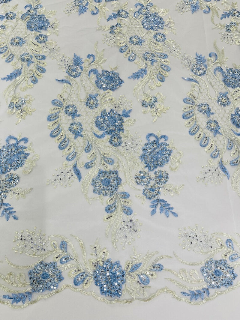 Two Tone Lace Floral Fabric - Baby Blue - Flower and Fish Designs Corded on Sequins Lace By Yard