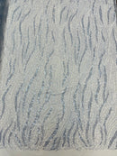 Wavy Leaf Lines Fabric - Baby Blue - Beaded Sequins Leaf Pattern Embroidered On Mesh By Yard