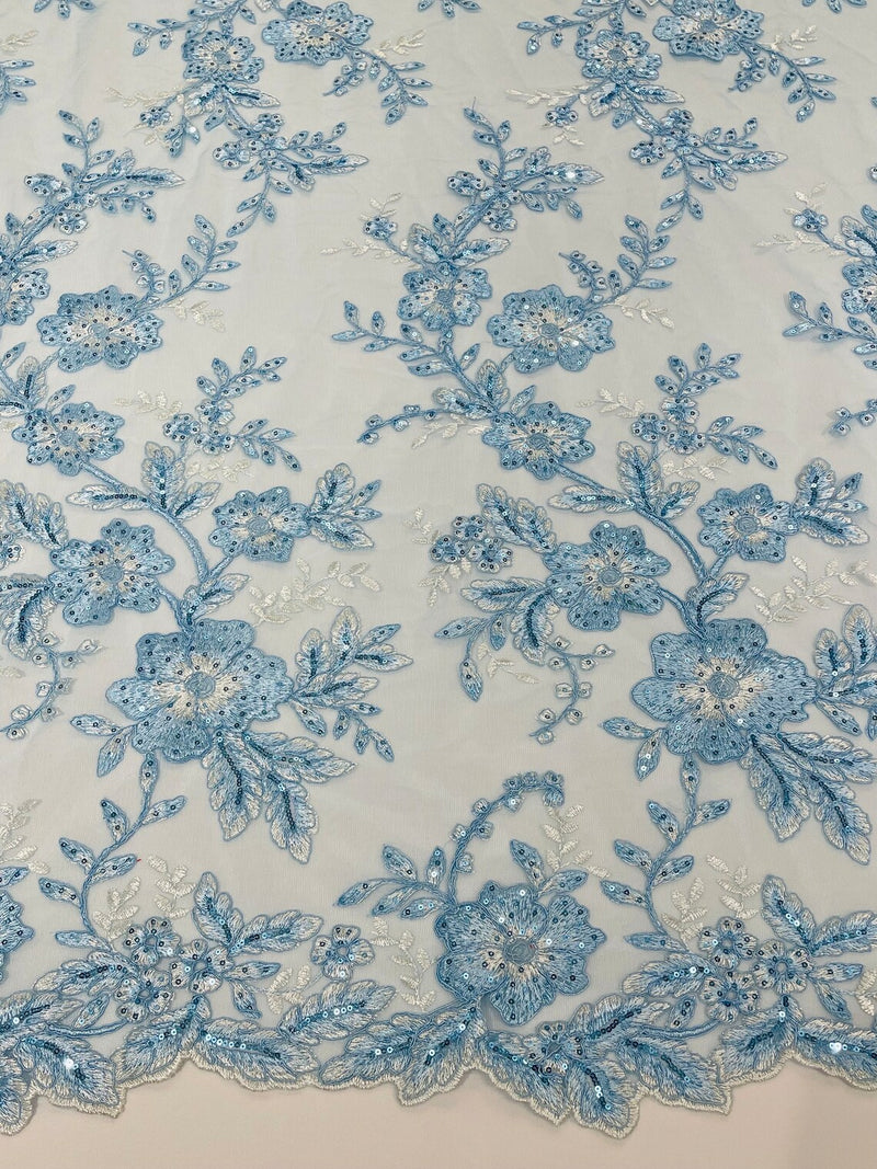 Floral Two Tone Lace Fabric - Baby Blue - Sequins Embroidery Floral Lace Fabric Sold By Yard